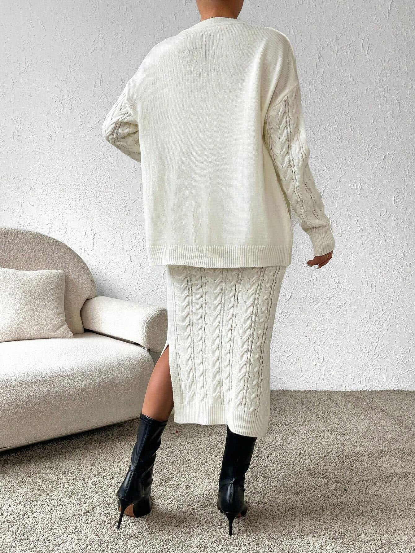 X Carly Lawrence  Chicease Cable Knit Drop Shoulder Cardigan & Knit Skirt