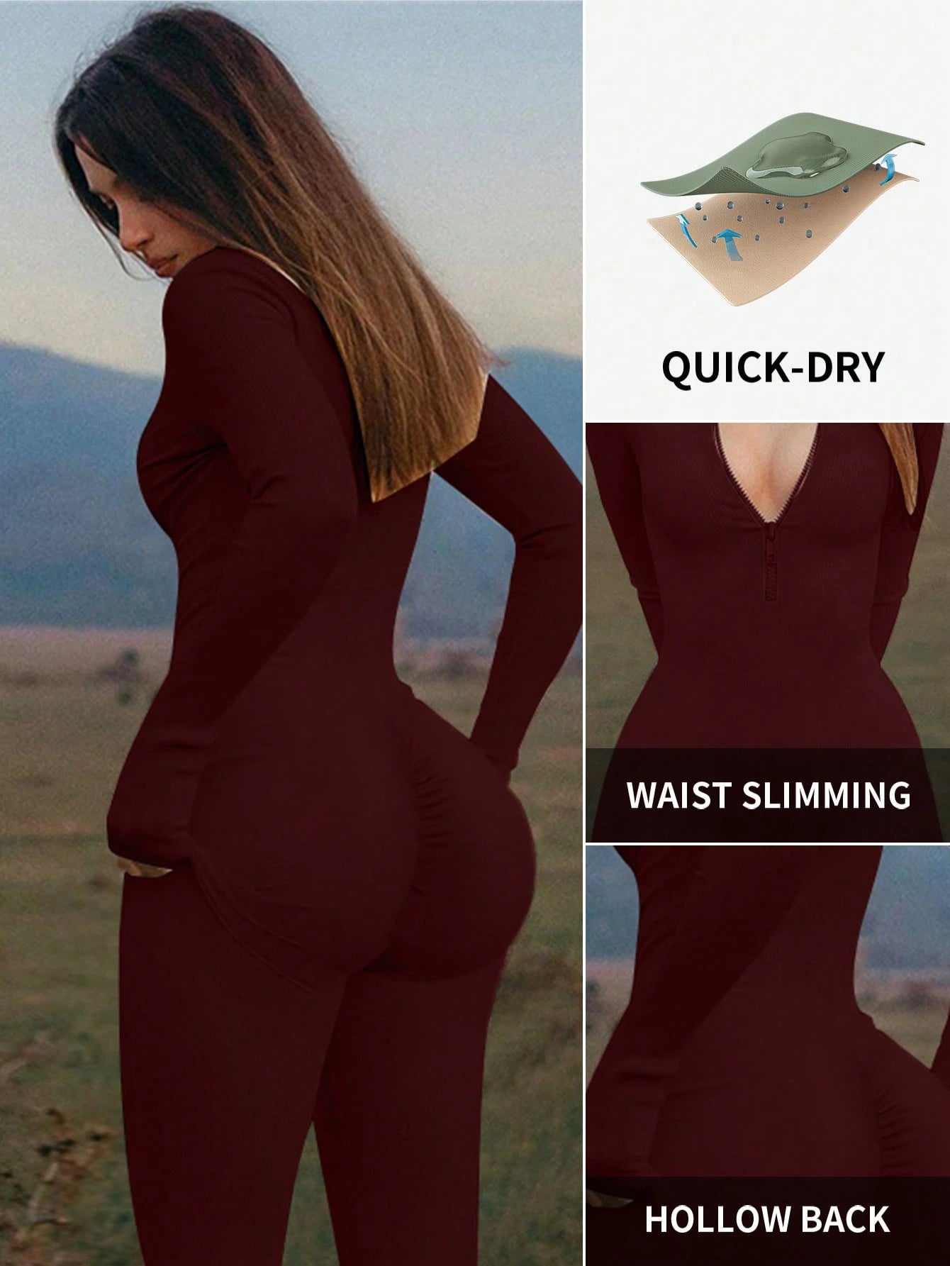 DINBEY a Solid Color Women'S Long-Sleeved Zipper Jumpsuit, Yoga Outdoor Body Sculpting, Hip Lifting, Slimming Abdominal Control Jumpsuit