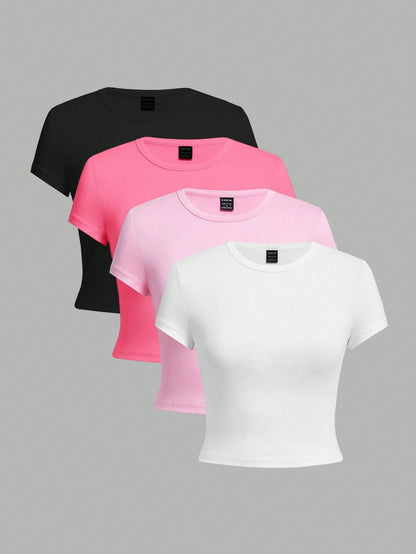 Ezwear 4Pcs/Set Casual Versatile round Neck Short Sleeve Fitted T-Shirts for Women, Suitable for Summer