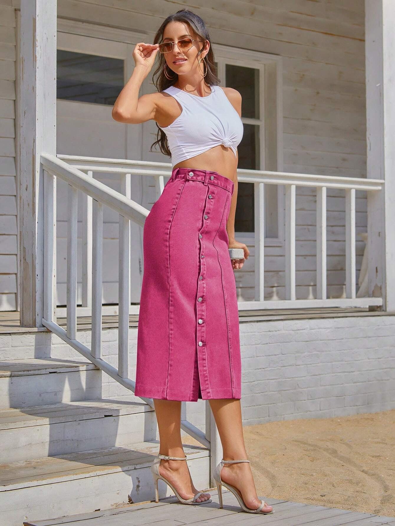 Women'S Solid Color Simple Button-Down Denim Mini Skirt for Daily Wear