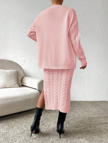 X Carly Lawrence  Chicease Cable Knit Drop Shoulder Cardigan & Knit Skirt