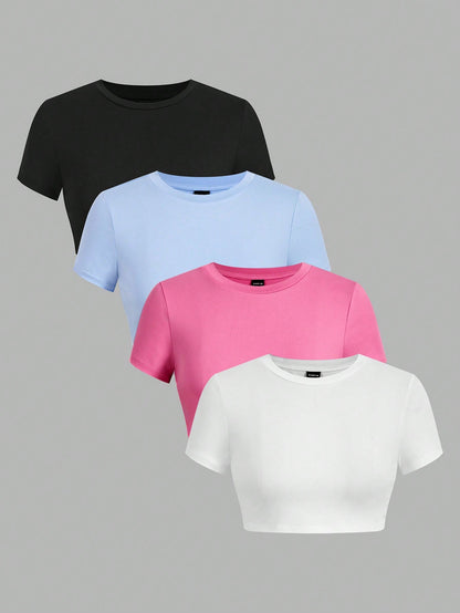 Ezwear 4Pcs/Set Casual Versatile round Neck Short Sleeve Fitted T-Shirts for Women, Suitable for Summer