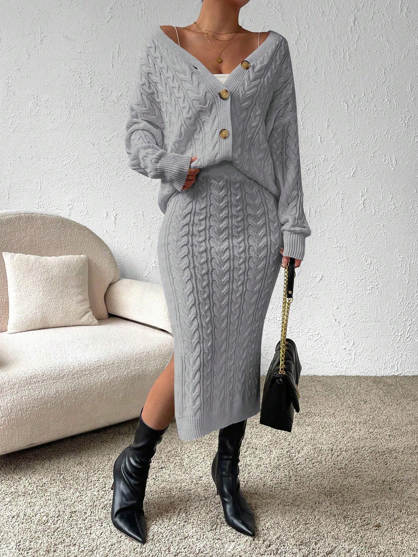 X Carly Lawrence  Chicease Cable Knit Drop Shoulder Cardigan & Knit Skirt