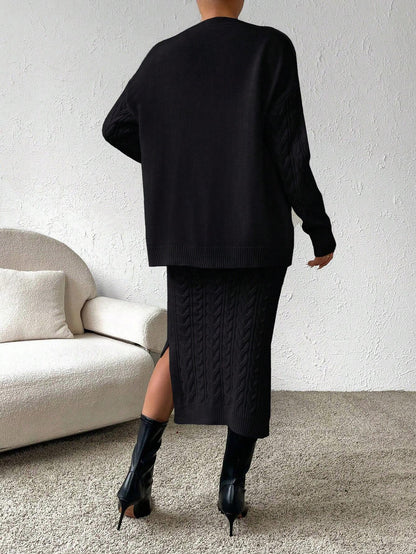 X Carly Lawrence  Chicease Cable Knit Drop Shoulder Cardigan & Knit Skirt