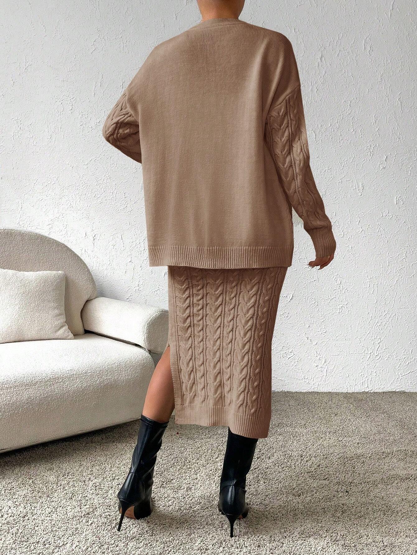 X Carly Lawrence  Chicease Cable Knit Drop Shoulder Cardigan & Knit Skirt