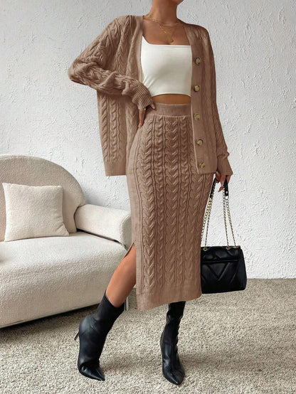 X Carly Lawrence  Chicease Cable Knit Drop Shoulder Cardigan & Knit Skirt