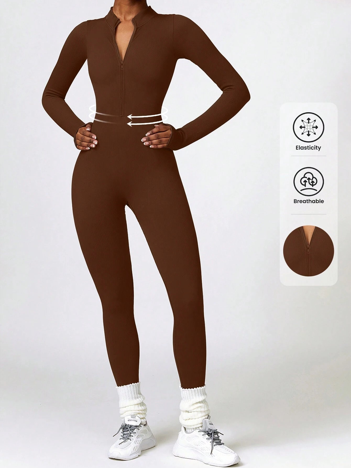 DINBEY a Solid Color Women'S Long-Sleeved Zipper Jumpsuit, Yoga Outdoor Body Sculpting, Hip Lifting, Slimming Abdominal Control Jumpsuit