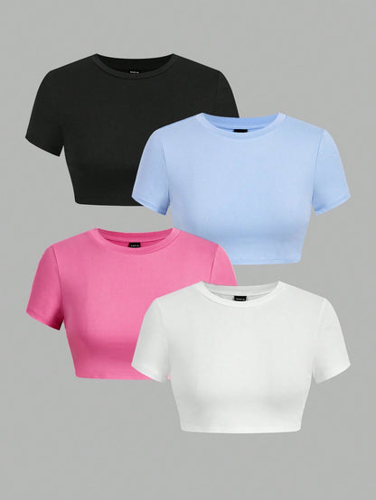 Ezwear 4Pcs/Set Casual Versatile round Neck Short Sleeve Fitted T-Shirts for Women, Suitable for Summer