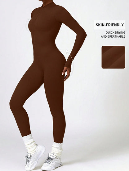 DINBEY a Solid Color Women'S Long-Sleeved Zipper Jumpsuit, Yoga Outdoor Body Sculpting, Hip Lifting, Slimming Abdominal Control Jumpsuit