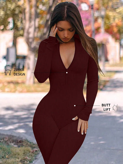 DINBEY a Solid Color Women'S Long-Sleeved Zipper Jumpsuit, Yoga Outdoor Body Sculpting, Hip Lifting, Slimming Abdominal Control Jumpsuit