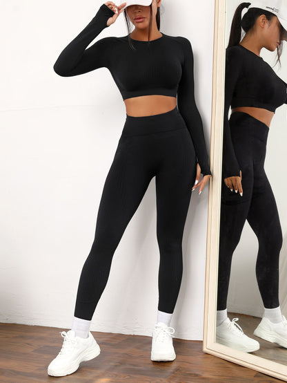 Yoga Basic 2Pcs Seamless High Stretch Yoga Set Tracksuit Gym Set Raglan Sleeve Top Tummy Control Sports Leggings