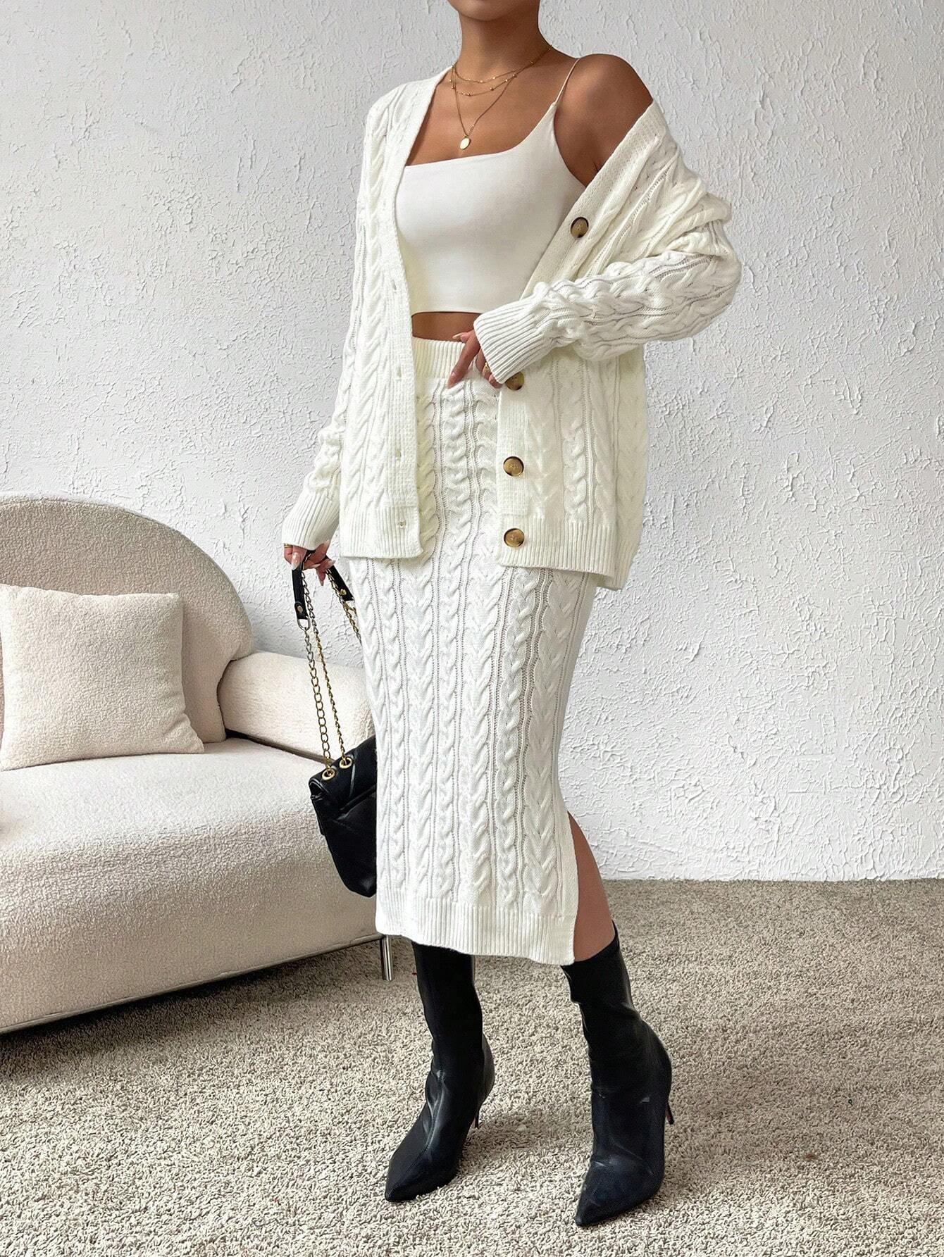 X Carly Lawrence  Chicease Cable Knit Drop Shoulder Cardigan & Knit Skirt