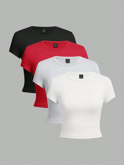 Ezwear 4Pcs/Set Casual Versatile round Neck Short Sleeve Fitted T-Shirts for Women, Suitable for Summer