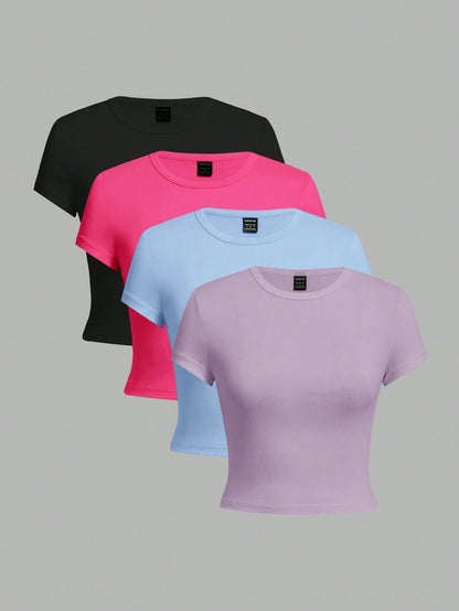 Ezwear 4Pcs/Set Casual Versatile round Neck Short Sleeve Fitted T-Shirts for Women, Suitable for Summer