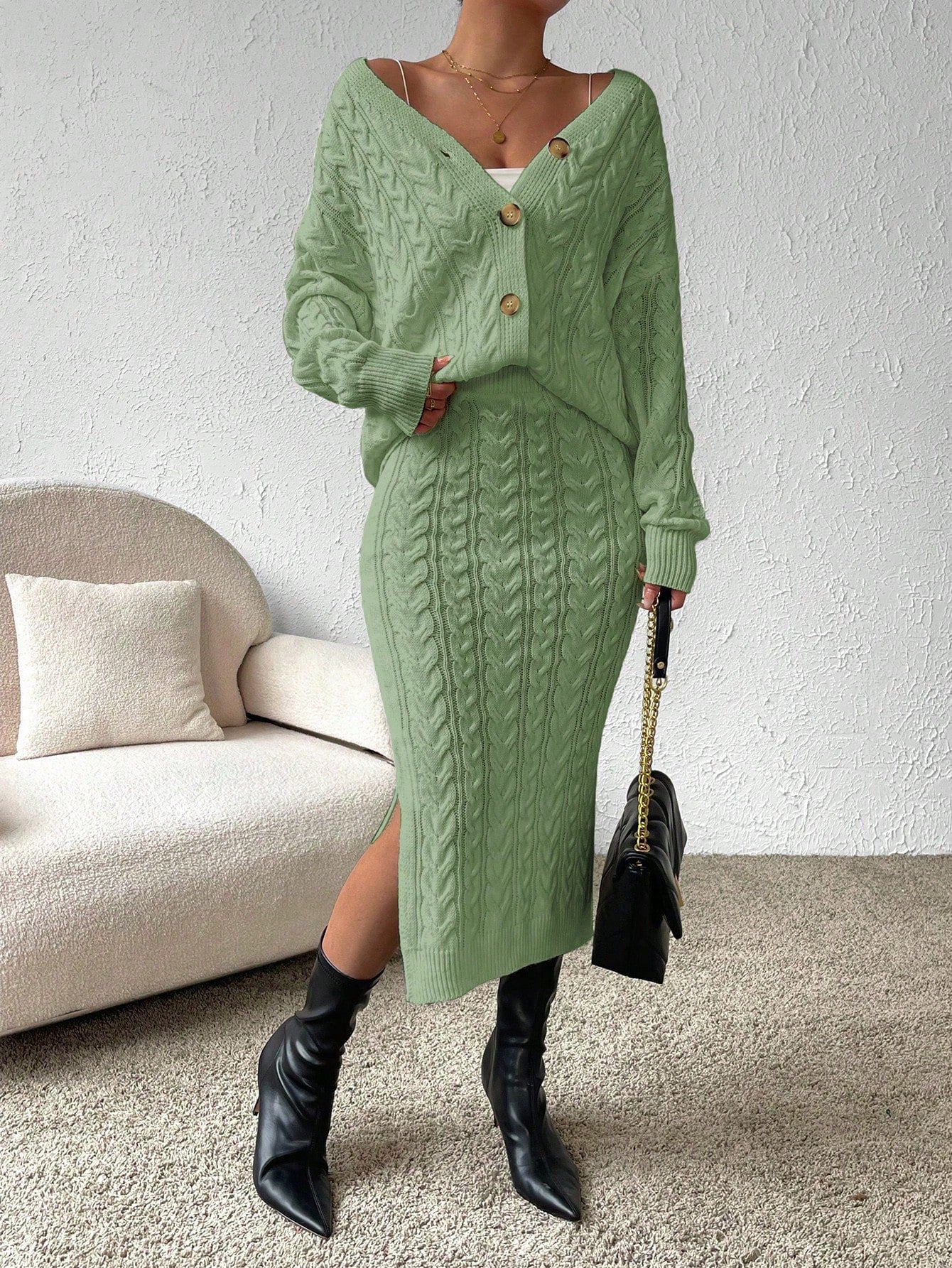 X Carly Lawrence  Chicease Cable Knit Drop Shoulder Cardigan & Knit Skirt