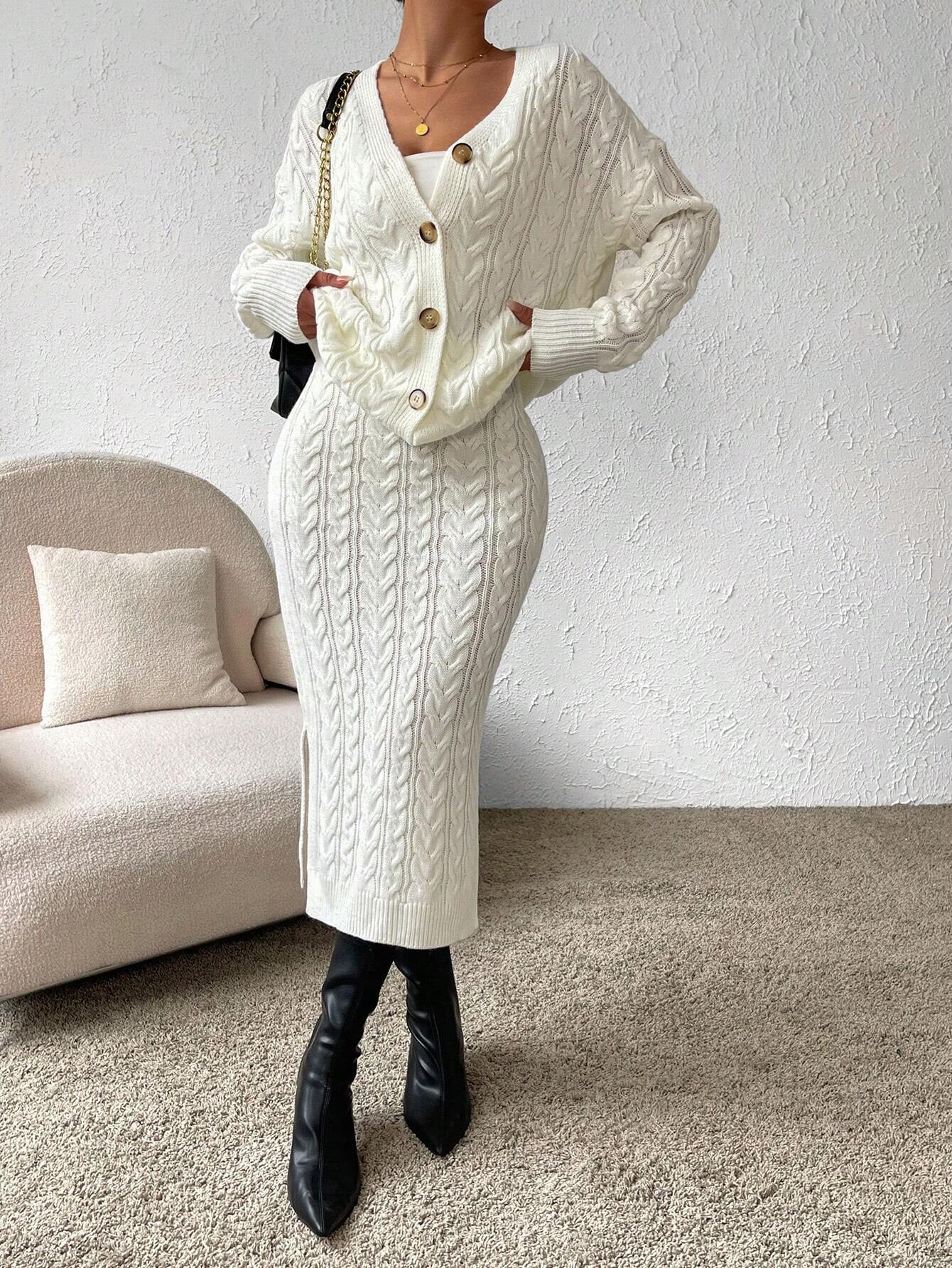 X Carly Lawrence  Chicease Cable Knit Drop Shoulder Cardigan & Knit Skirt