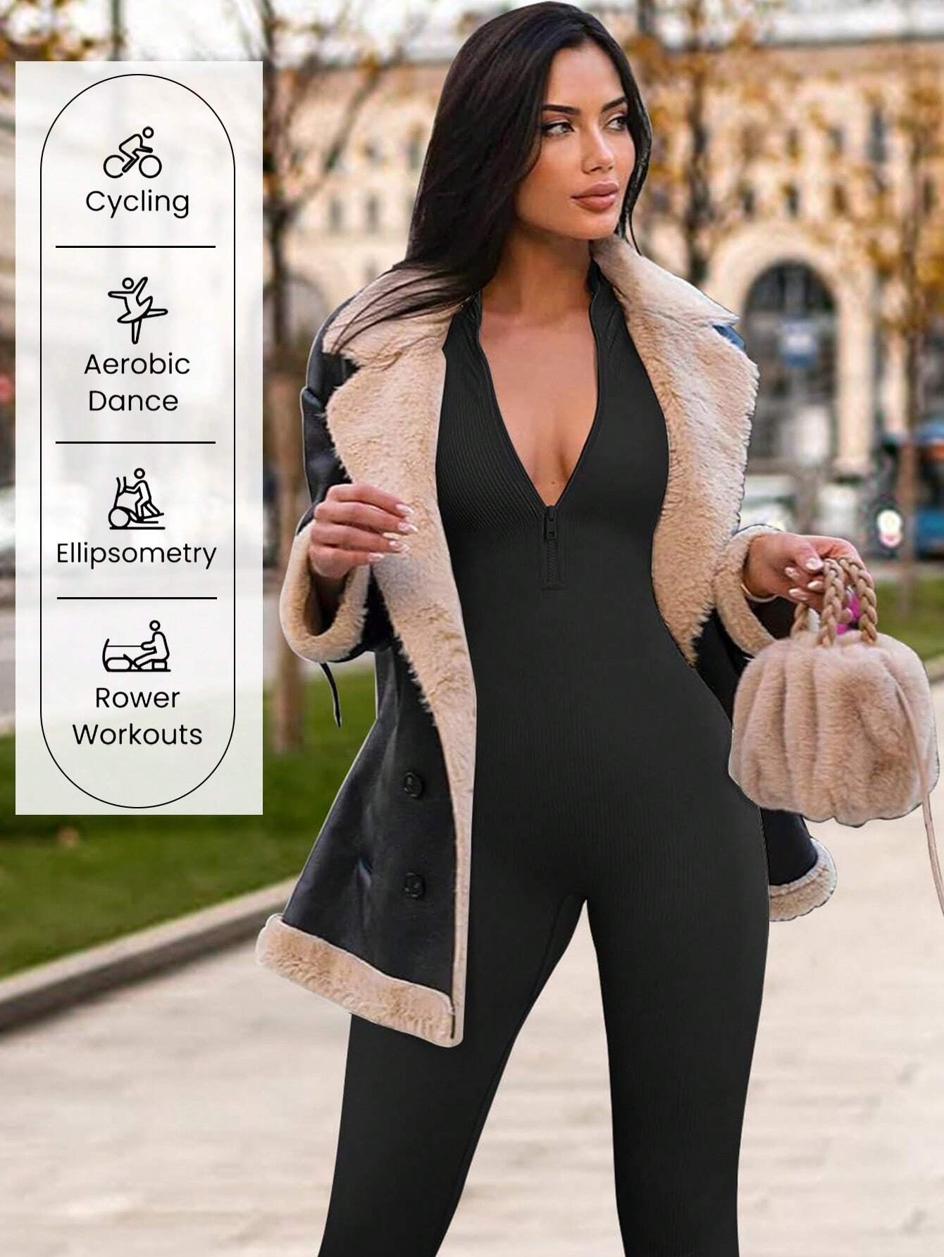 DINBEY a Solid Color Women'S Long-Sleeved Zipper Jumpsuit, Yoga Outdoor Body Sculpting, Hip Lifting, Slimming Abdominal Control Jumpsuit