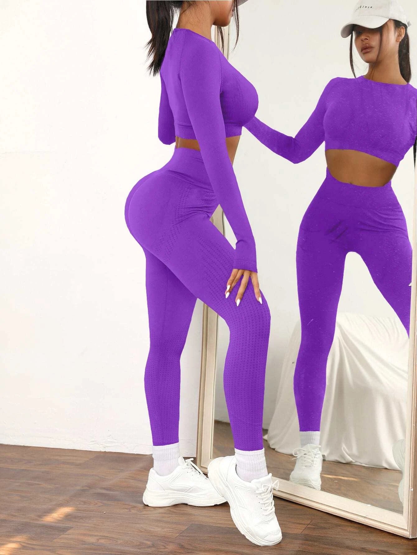 Yoga Basic 2Pcs Seamless High Stretch Yoga Set Tracksuit Gym Set Raglan Sleeve Top Tummy Control Sports Leggings