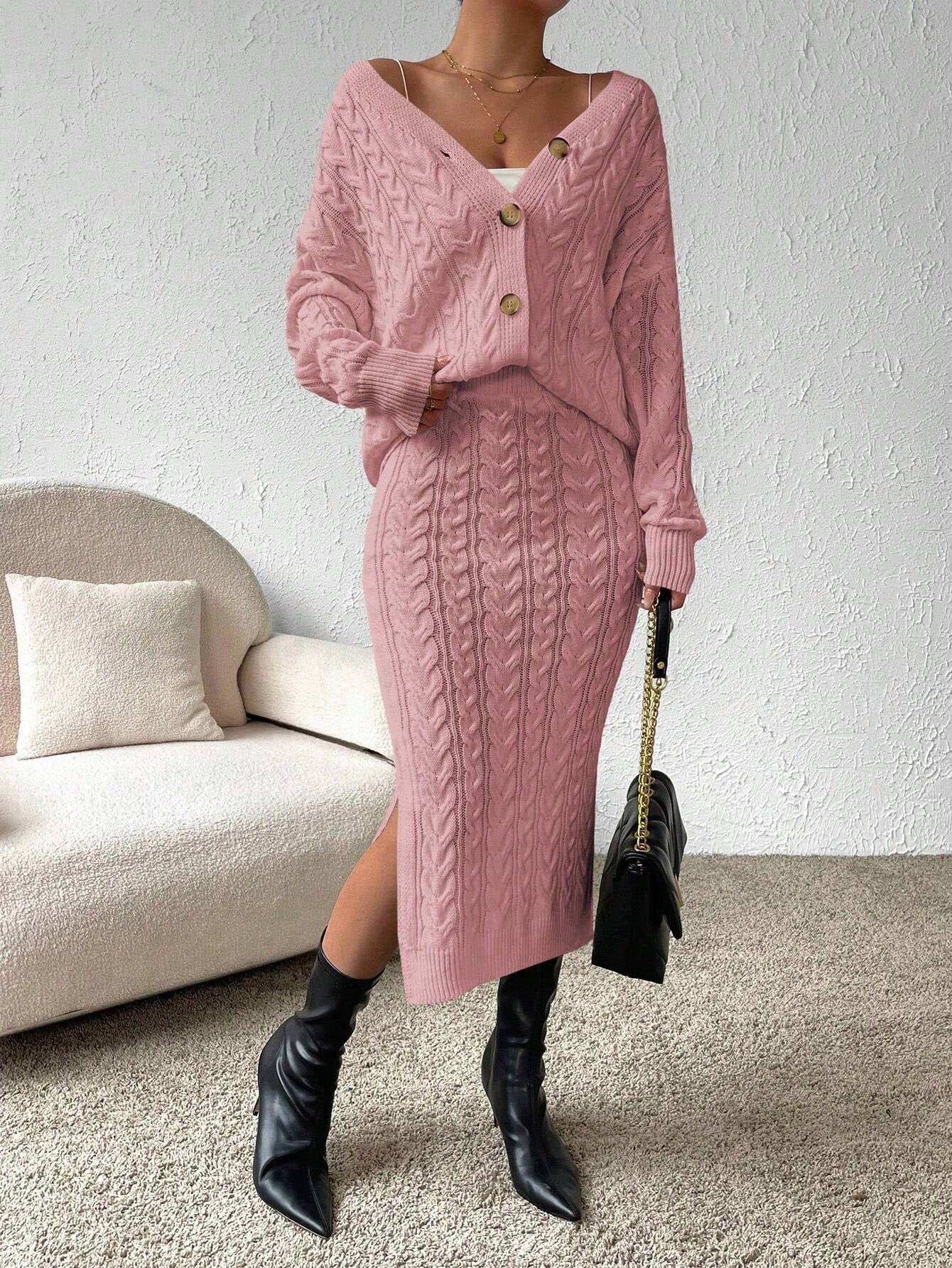 X Carly Lawrence  Chicease Cable Knit Drop Shoulder Cardigan & Knit Skirt