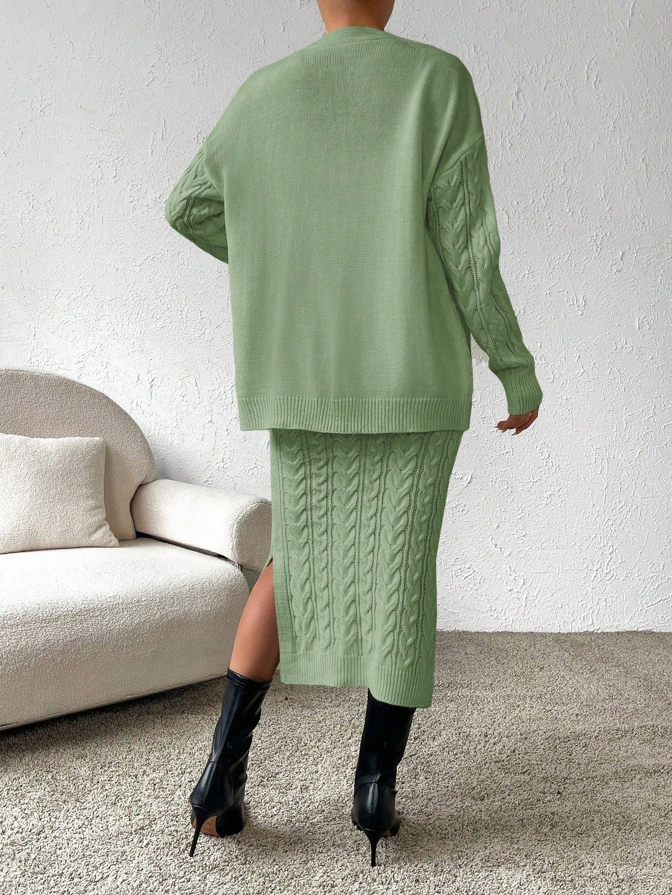 X Carly Lawrence  Chicease Cable Knit Drop Shoulder Cardigan & Knit Skirt