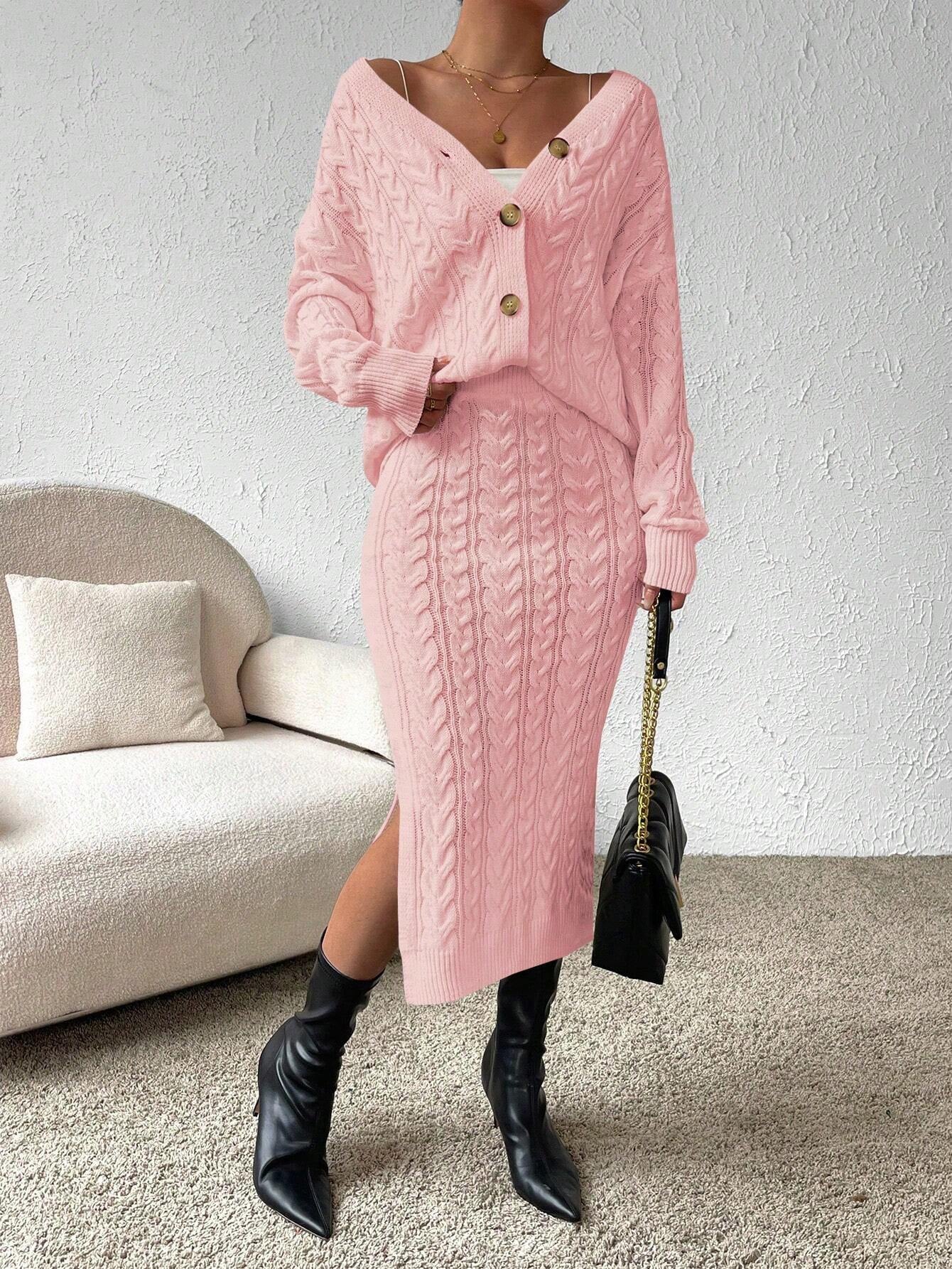 X Carly Lawrence  Chicease Cable Knit Drop Shoulder Cardigan & Knit Skirt