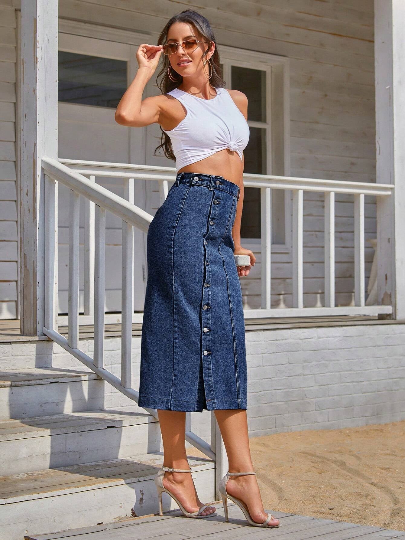 Women'S Solid Color Simple Button-Down Denim Mini Skirt for Daily Wear