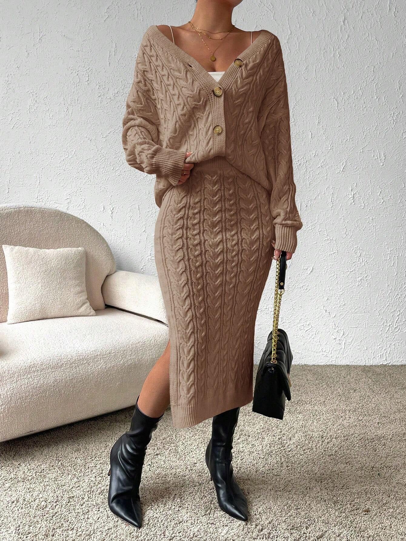 X Carly Lawrence  Chicease Cable Knit Drop Shoulder Cardigan & Knit Skirt