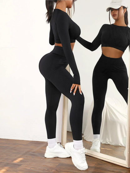 Yoga Basic 2Pcs Seamless High Stretch Yoga Set Tracksuit Gym Set Raglan Sleeve Top Tummy Control Sports Leggings