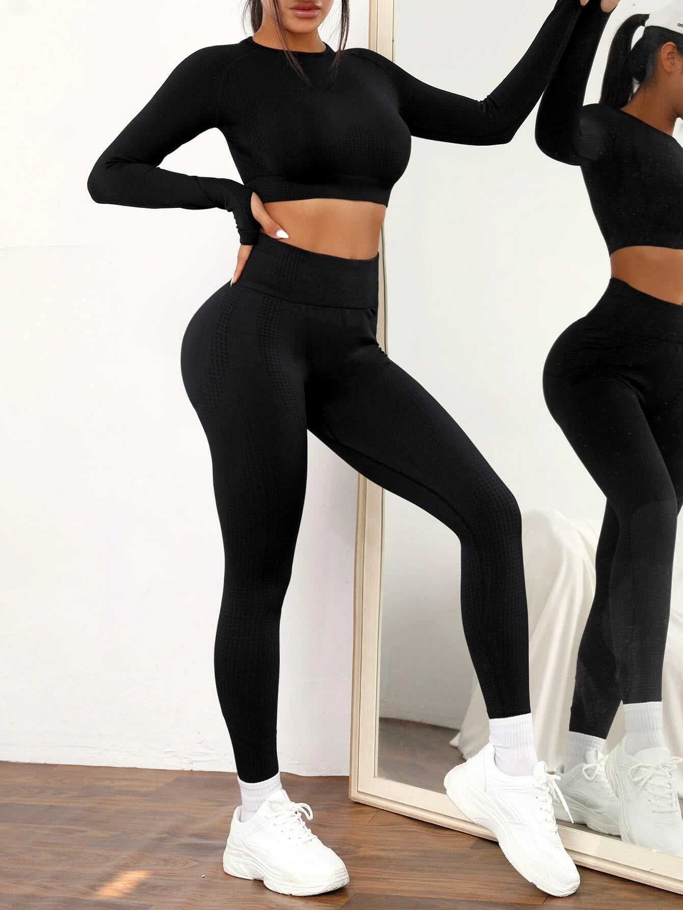 Yoga Basic 2Pcs Seamless High Stretch Yoga Set Tracksuit Gym Set Raglan Sleeve Top Tummy Control Sports Leggings