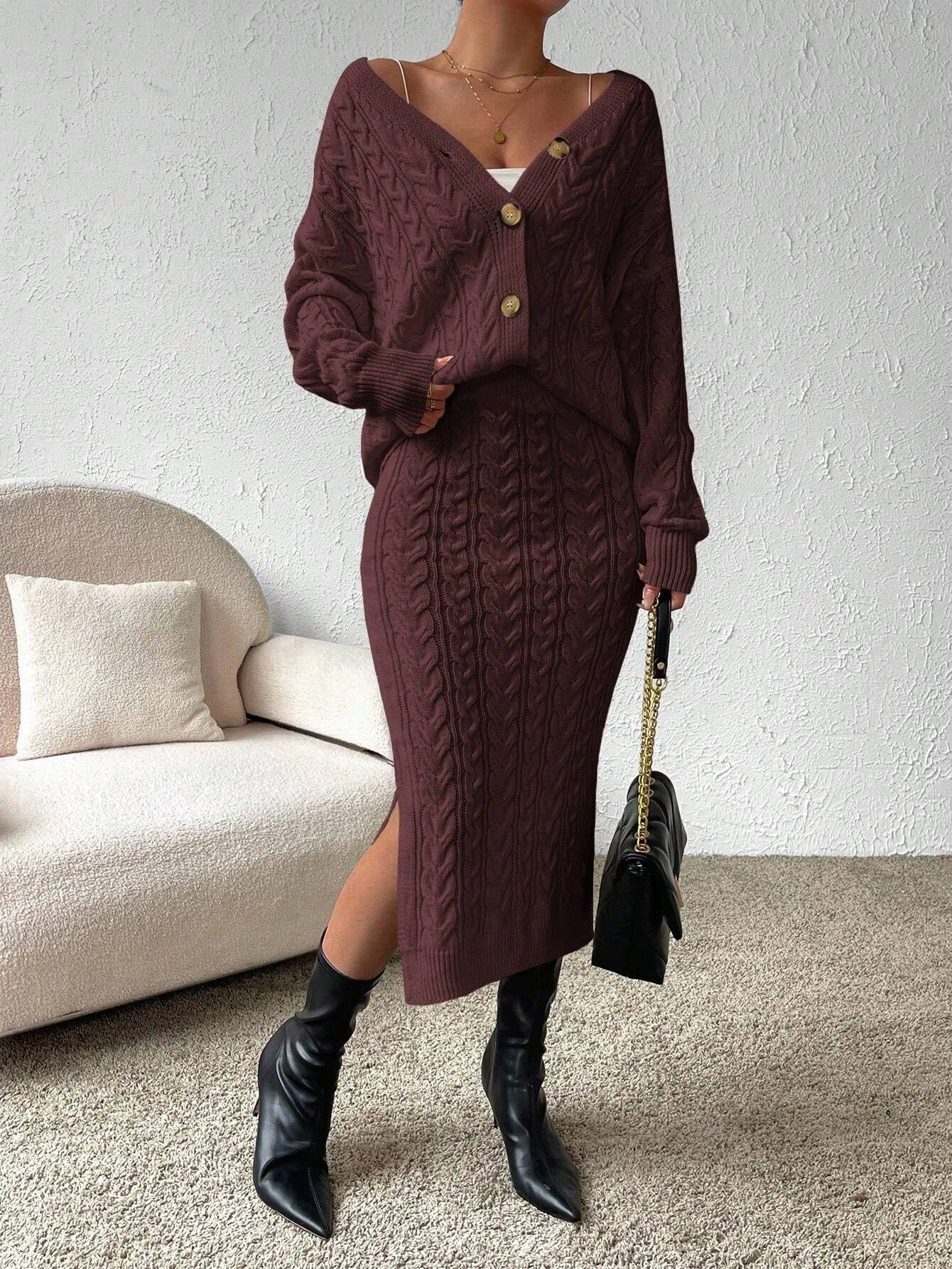 X Carly Lawrence  Chicease Cable Knit Drop Shoulder Cardigan & Knit Skirt