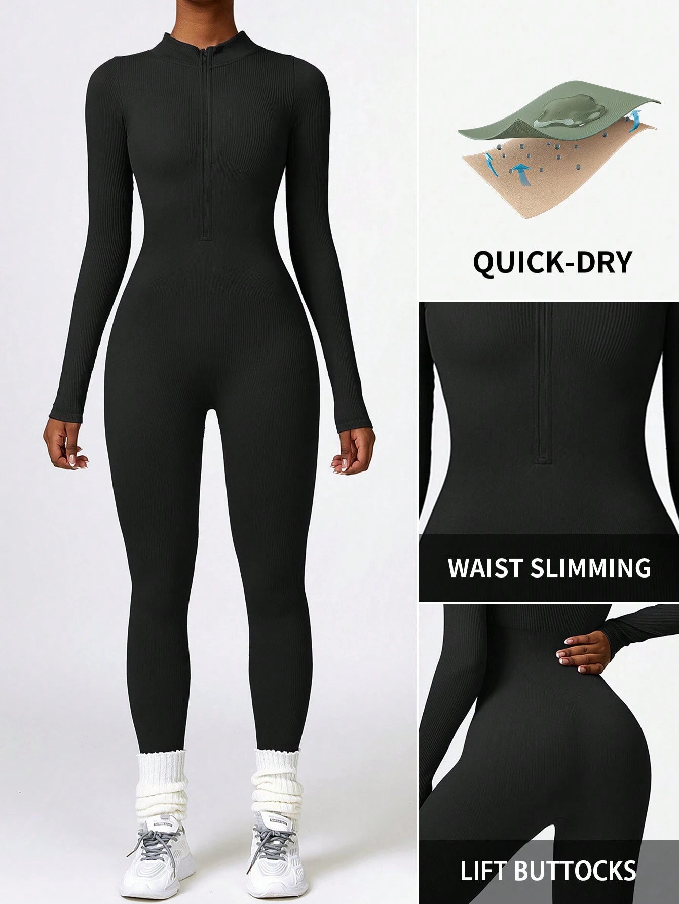 DINBEY a Solid Color Women'S Long-Sleeved Zipper Jumpsuit, Yoga Outdoor Body Sculpting, Hip Lifting, Slimming Abdominal Control Jumpsuit