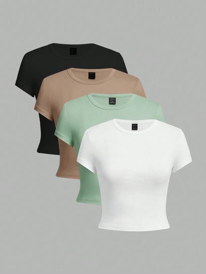 Ezwear 4Pcs/Set Casual Versatile round Neck Short Sleeve Fitted T-Shirts for Women, Suitable for Summer