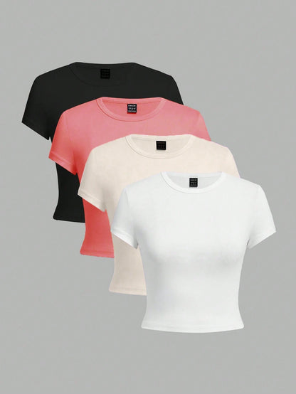 Ezwear 4Pcs/Set Casual Versatile round Neck Short Sleeve Fitted T-Shirts for Women, Suitable for Summer