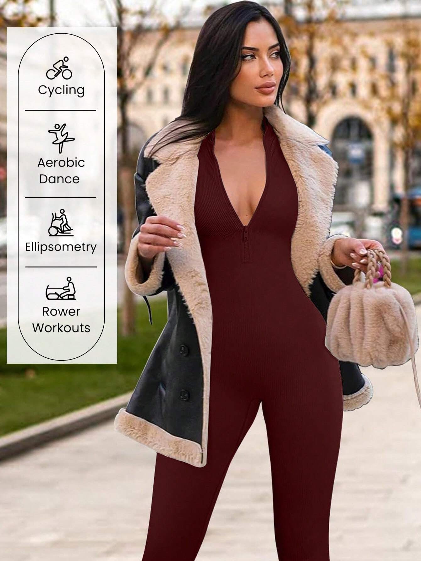 DINBEY a Solid Color Women'S Long-Sleeved Zipper Jumpsuit, Yoga Outdoor Body Sculpting, Hip Lifting, Slimming Abdominal Control Jumpsuit