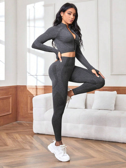 Yoga Futuristic Seamless Raglan Sleeve Sports Jacket & Leggings