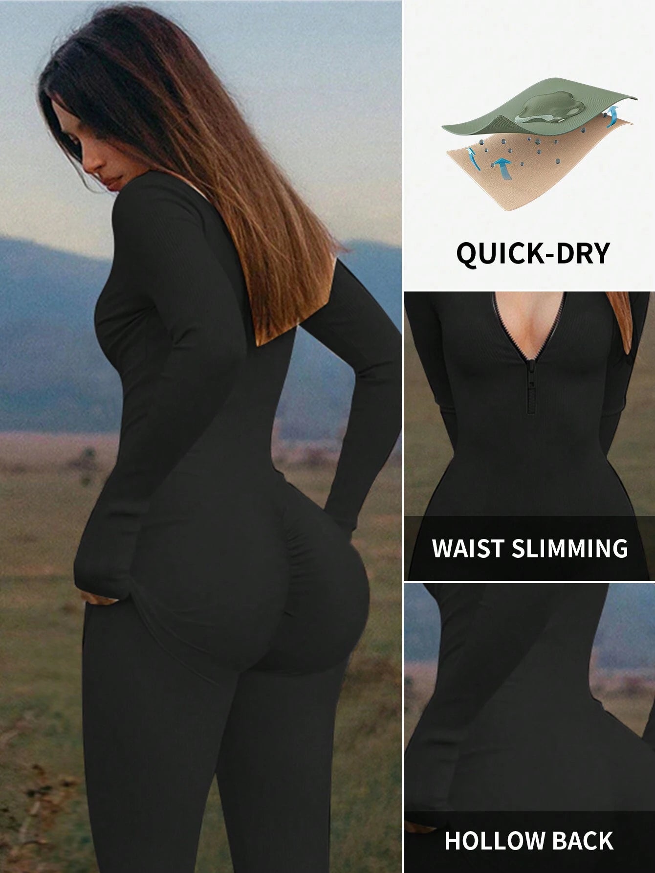 DINBEY a Solid Color Women'S Long-Sleeved Zipper Jumpsuit, Yoga Outdoor Body Sculpting, Hip Lifting, Slimming Abdominal Control Jumpsuit