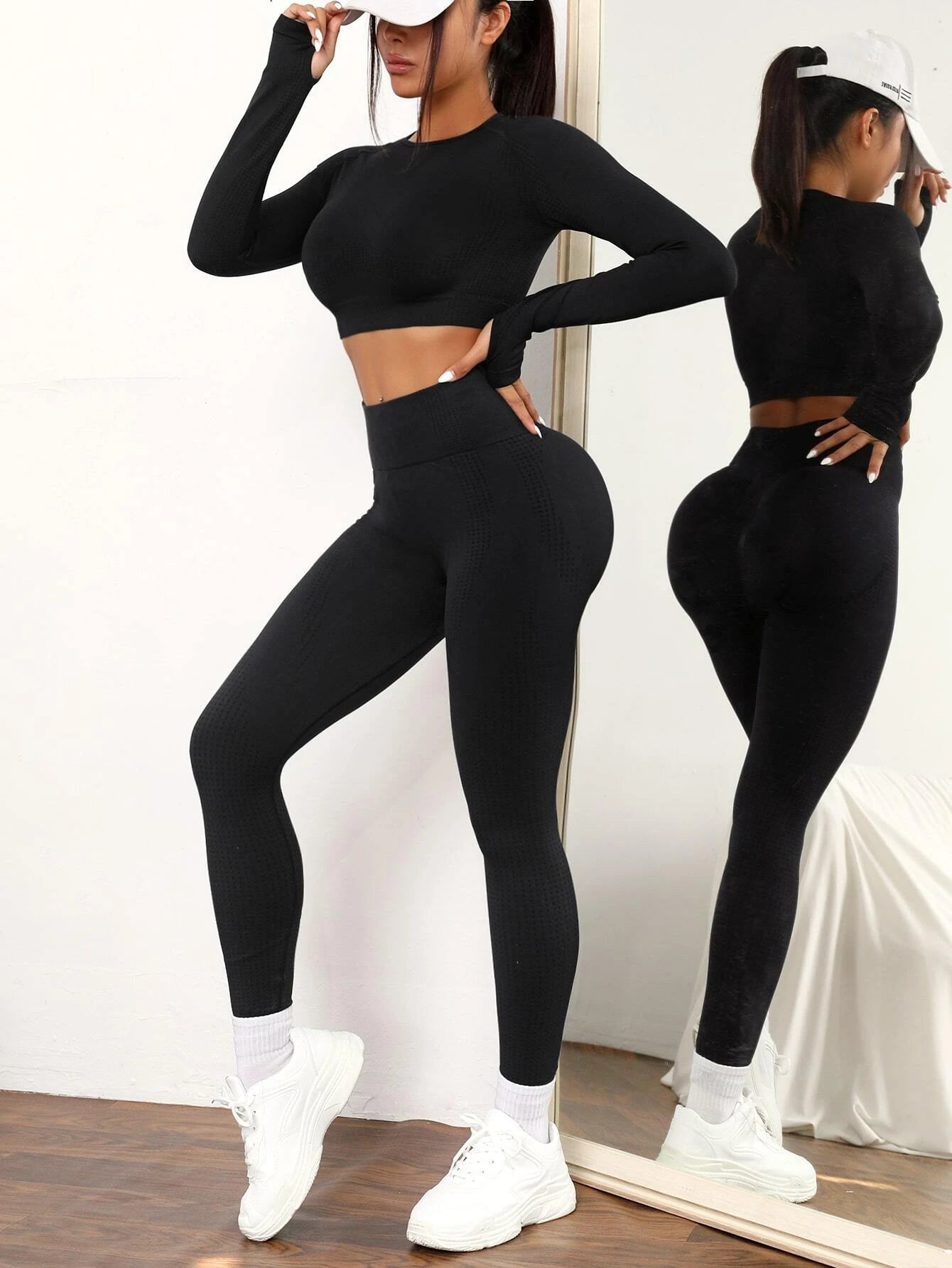 Yoga Basic 2Pcs Seamless High Stretch Yoga Set Tracksuit Gym Set Raglan Sleeve Top Tummy Control Sports Leggings