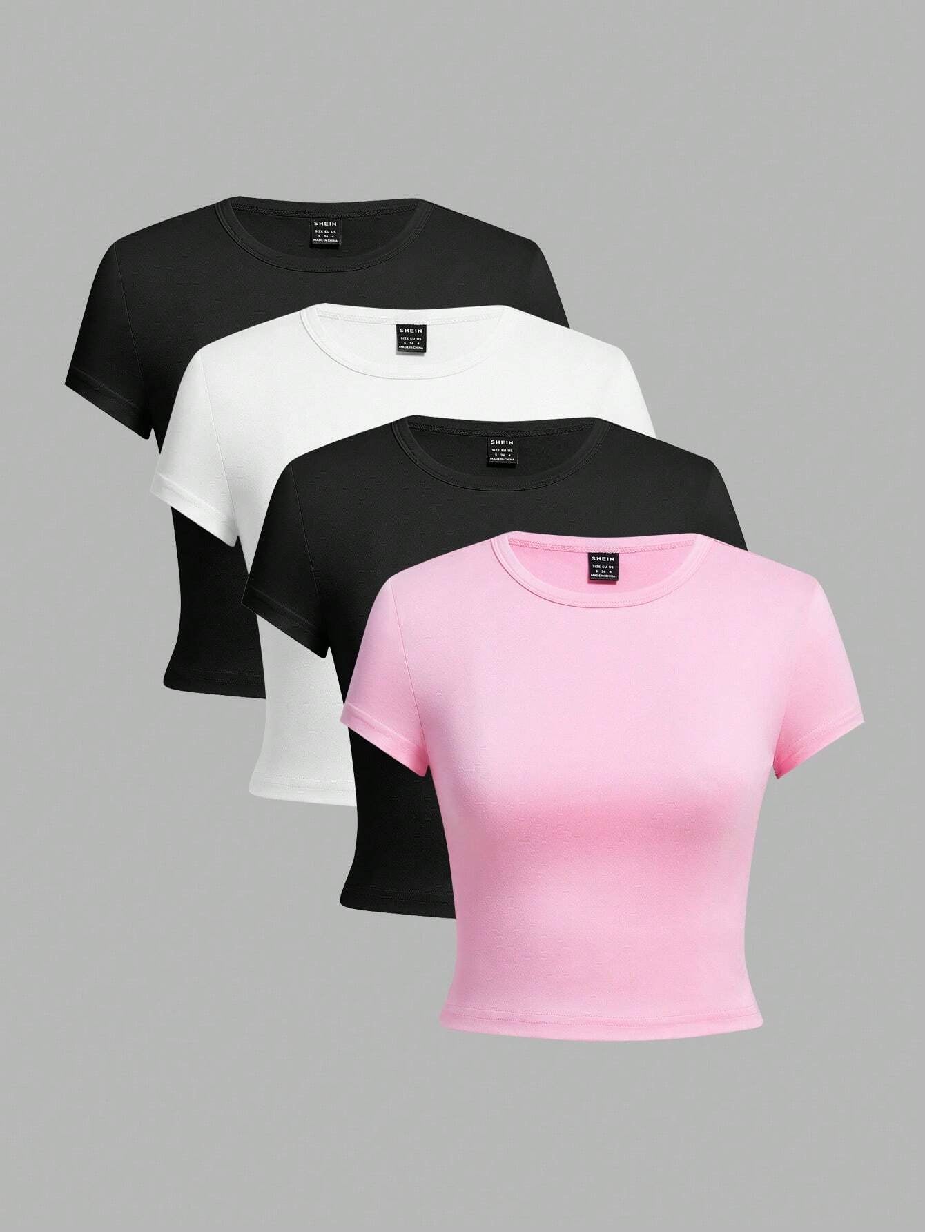 Ezwear 4Pcs/Set Casual Versatile round Neck Short Sleeve Fitted T-Shirts for Women, Suitable for Summer