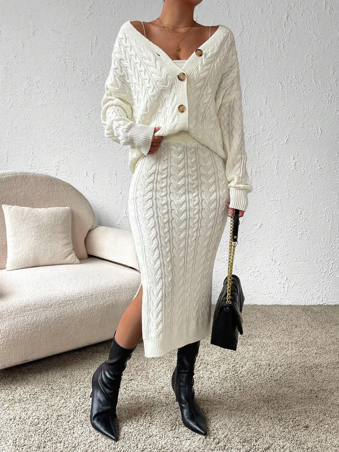 X Carly Lawrence  Chicease Cable Knit Drop Shoulder Cardigan & Knit Skirt