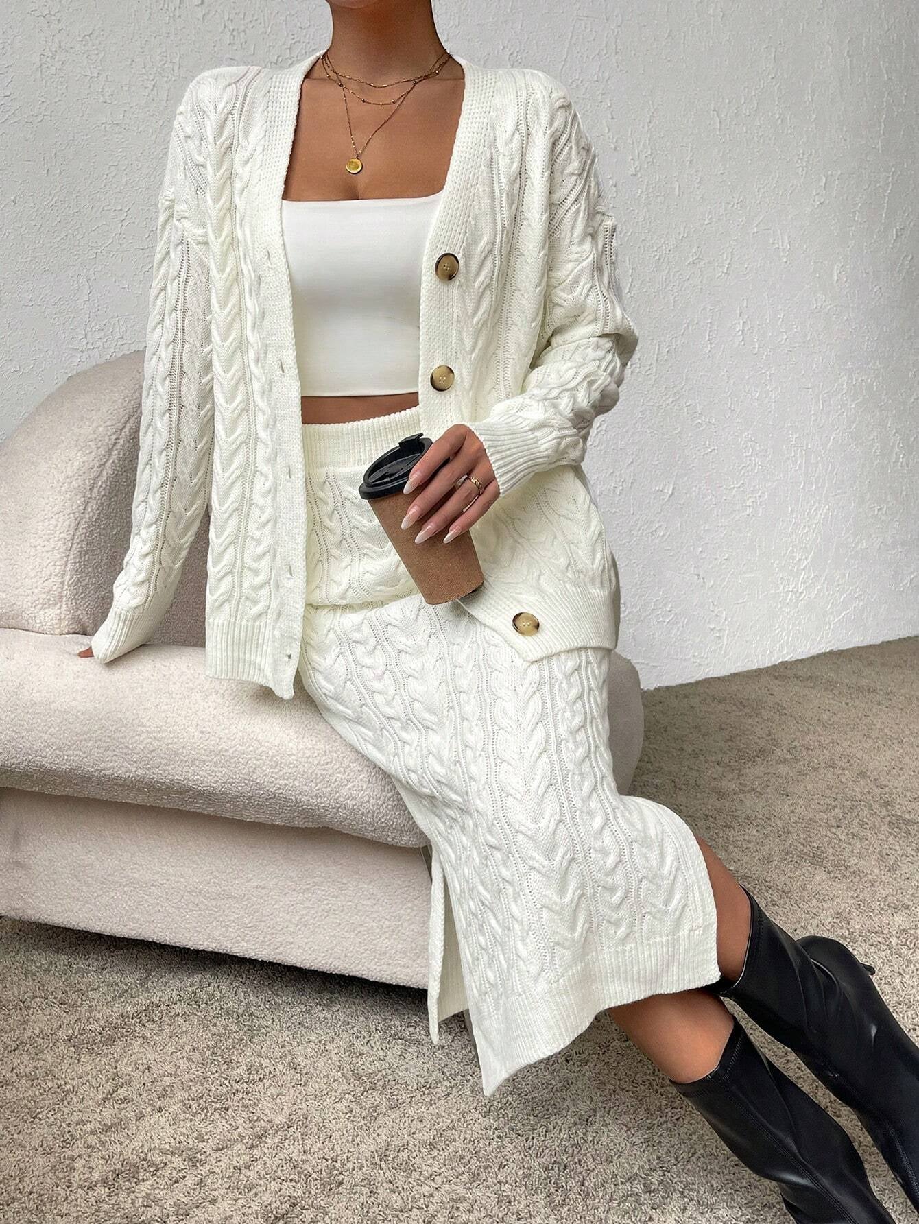 X Carly Lawrence  Chicease Cable Knit Drop Shoulder Cardigan & Knit Skirt