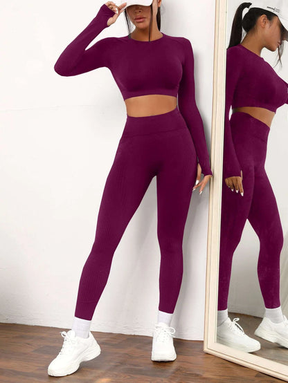 Yoga Basic 2Pcs Seamless High Stretch Yoga Set Tracksuit Gym Set Raglan Sleeve Top Tummy Control Sports Leggings