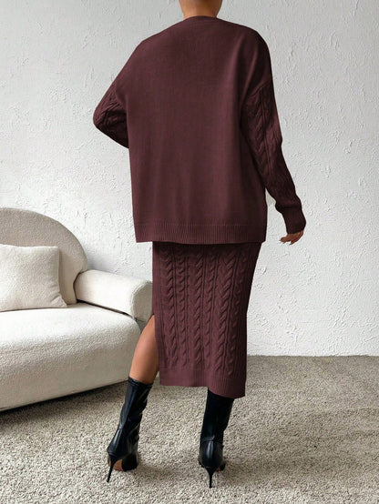 X Carly Lawrence  Chicease Cable Knit Drop Shoulder Cardigan & Knit Skirt