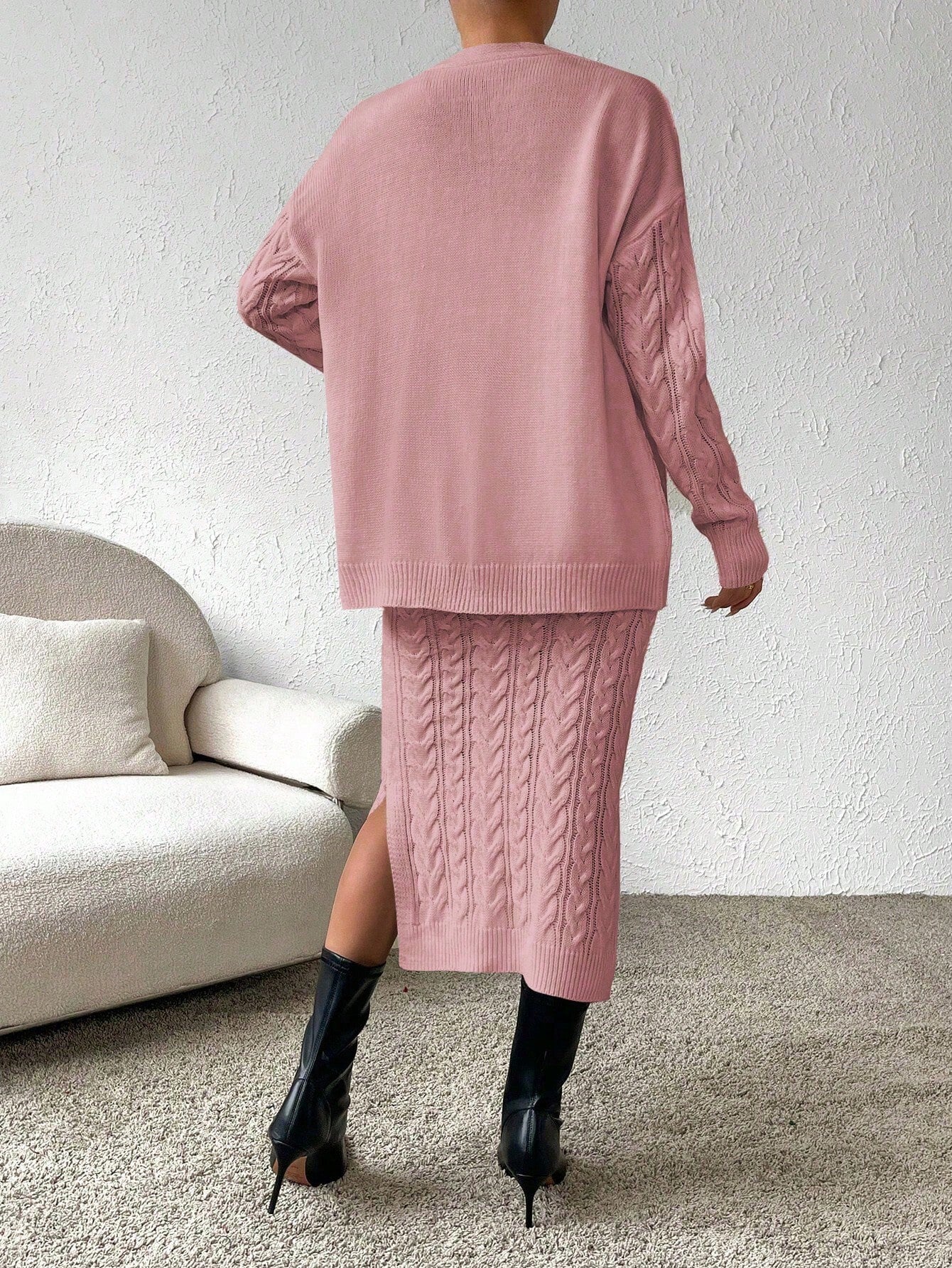 X Carly Lawrence  Chicease Cable Knit Drop Shoulder Cardigan & Knit Skirt