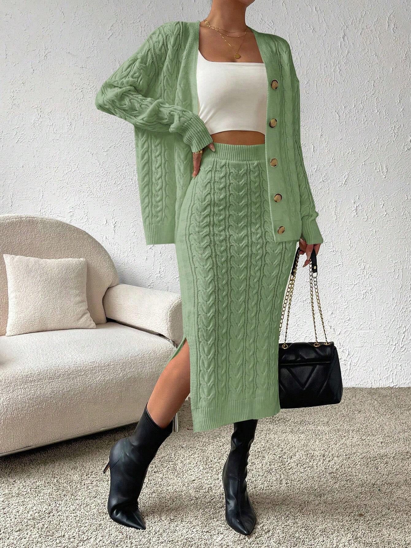 X Carly Lawrence  Chicease Cable Knit Drop Shoulder Cardigan & Knit Skirt