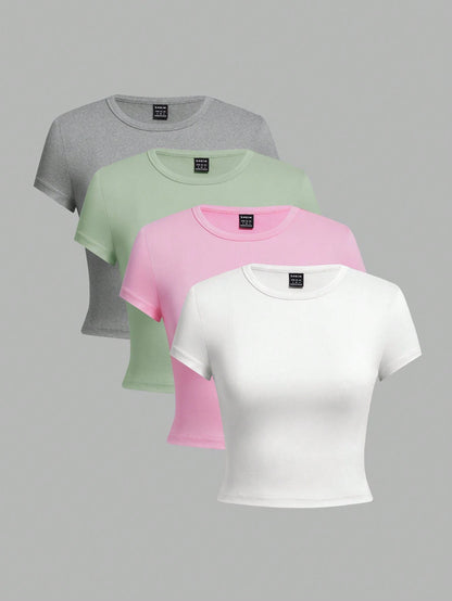 Ezwear 4Pcs/Set Casual Versatile round Neck Short Sleeve Fitted T-Shirts for Women, Suitable for Summer