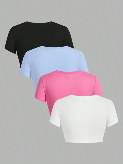 Ezwear 4Pcs/Set Casual Versatile round Neck Short Sleeve Fitted T-Shirts for Women, Suitable for Summer