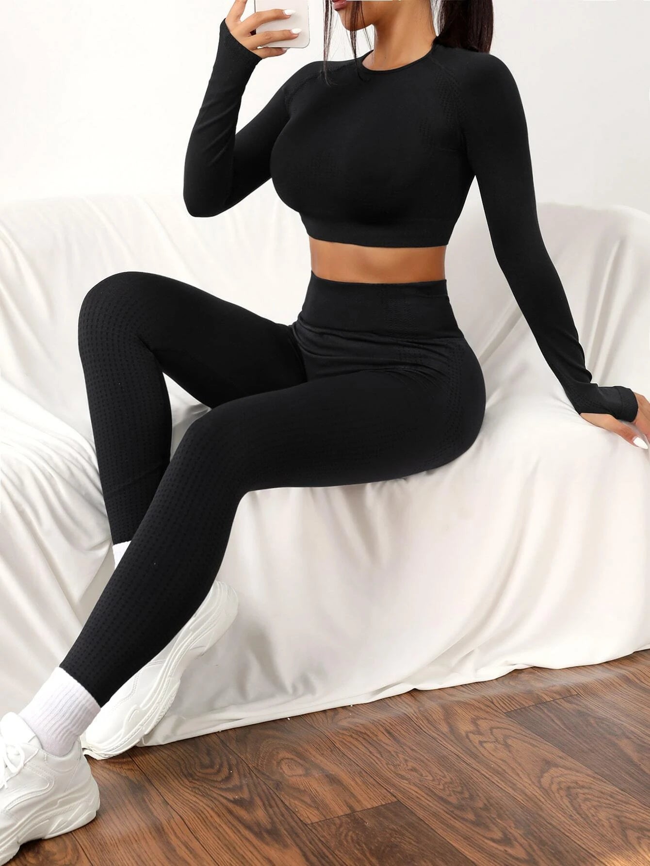 Yoga Basic 2Pcs Seamless High Stretch Yoga Set Tracksuit Gym Set Raglan Sleeve Top Tummy Control Sports Leggings