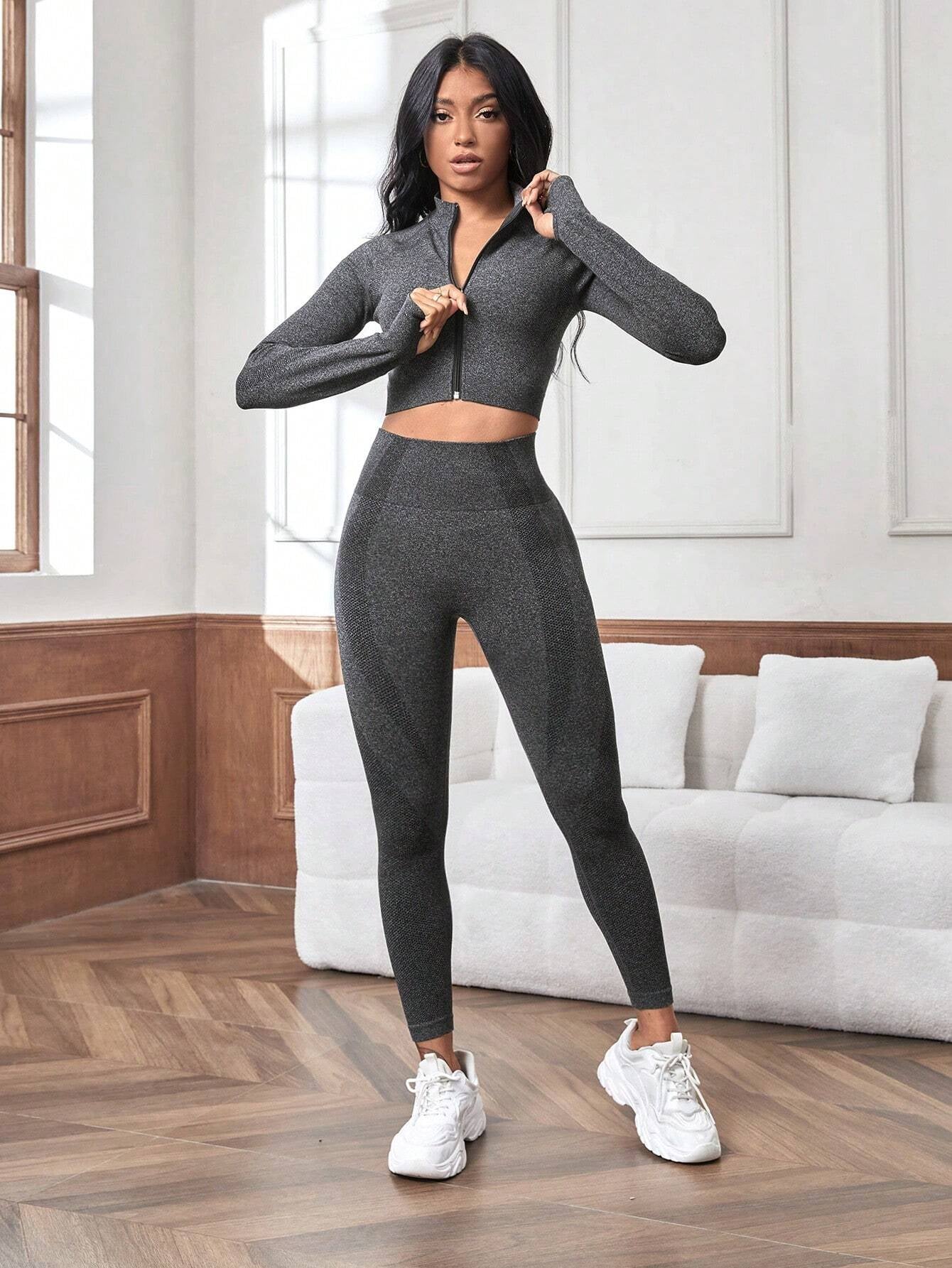 Yoga Futuristic Seamless Raglan Sleeve Sports Jacket & Leggings